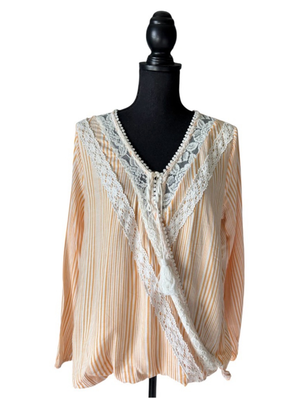 This Hint of Mint Orange White Striped Blouse Delicate Lace Trim and Tassels L